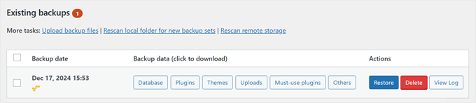 Vorhandene UpdraftPlus-Backups Vorhandene UpdraftPlus-Backups