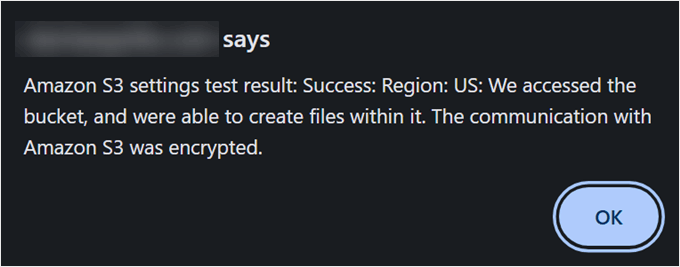 Popup, das eine erfolgreiche Amazon S3-UpdraftPlus-Verbindung anzeigt Popup, das eine erfolgreiche Amazon S3-UpdraftPlus-Verbindung anzeigt