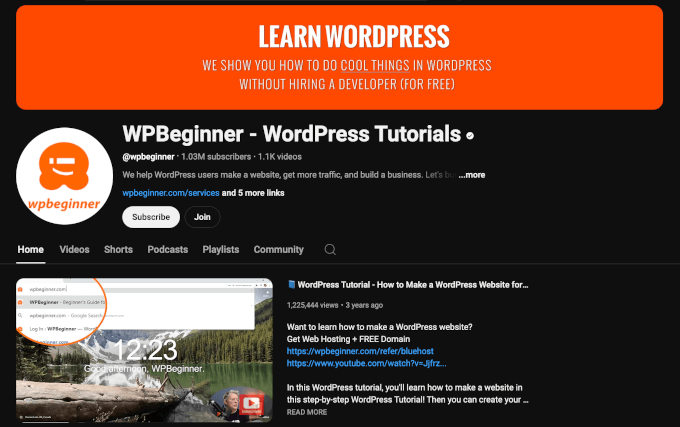 WPBeginner's YouTube channel WPBeginner's YouTube channel