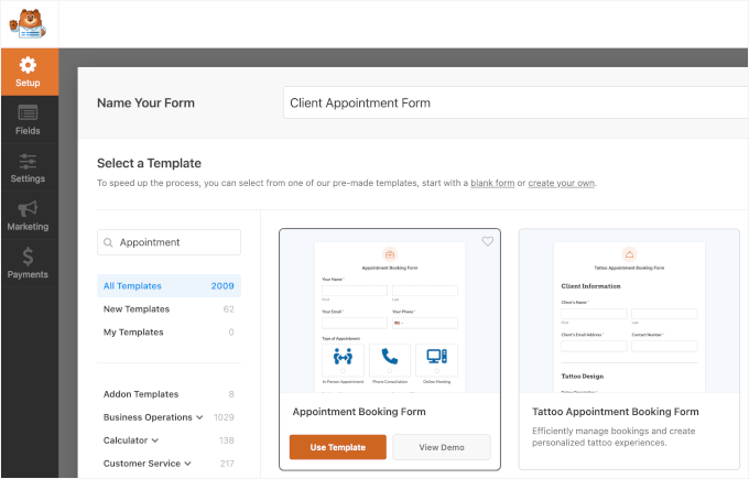Choosing an appointment form template in WPForms Choosing an appointment form template in WPForms
