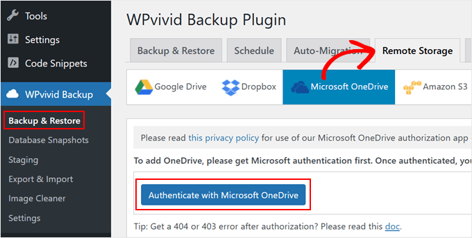 Setting up WPvivid to connect with OneDrive Setting up WPvivid to connect with OneDrive