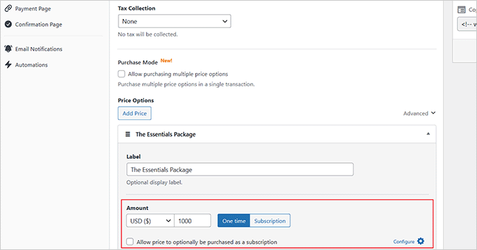 Aggiungi i prezzi e fai clic sul link Configura Aggiungi i prezzi e fai clic sul link Configura