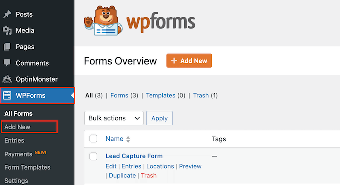 Creating a new form in WordPress Creating a new form in WordPress
