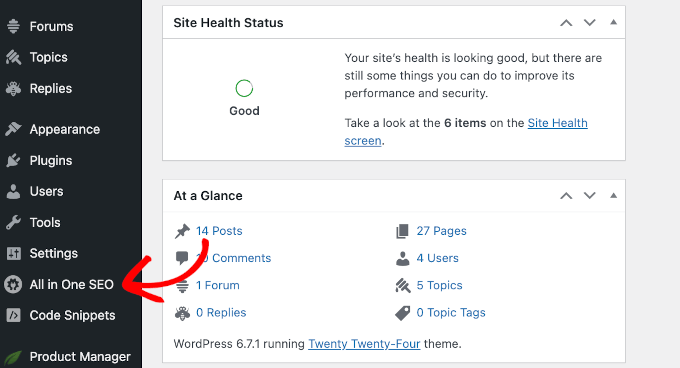 WordPress yönetici alanındaki AIOSEO menüsü WordPress yönetici alanındaki AIOSEO menüsü