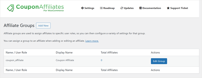 Coupon Affiliates plugin's Affiliate Groups feature