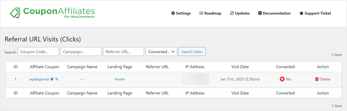 Coupon Affiliates' Referral URL Visits feature