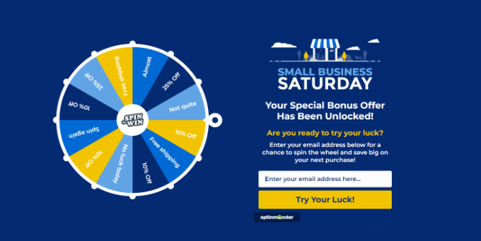 OptinMonsterのリードジェネレーションツールを使用して作成された、スピン・トゥ・ウィン（回して当てる）オプトインの例