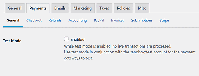 テストモードのチェックを外す テストモードのチェックを外す