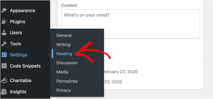Navigating to the reading settings Navigating to the reading settings