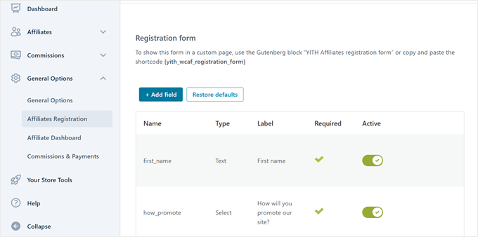 YITH WooCommerce Affiliates Registration Form settings
