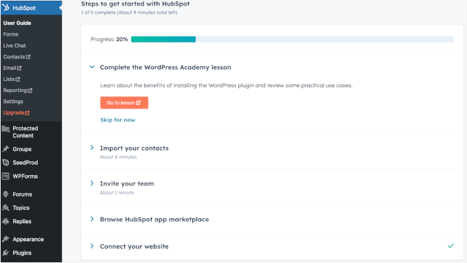 Promptul de configurare HubSpot
