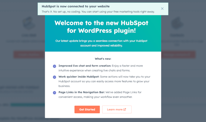 Mesaj de bun venit HubSpot după finalizarea configurării