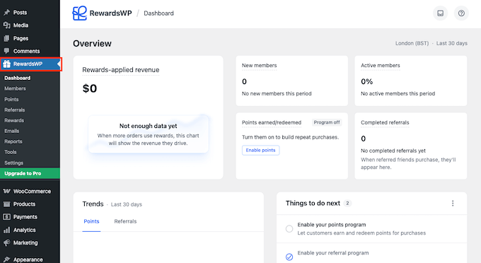 La dashboard dei referral di RewardsWP