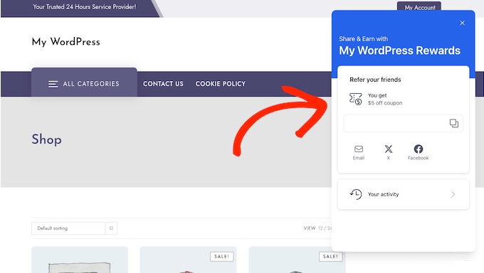 Un esempio di programma di referral per i tuoi clienti WooCommerce, creato utilizzando RewardsWP