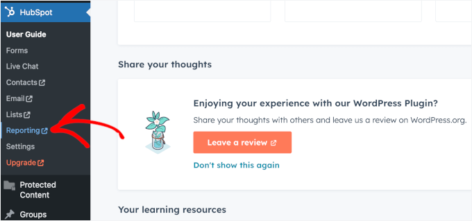 Meniul Rapoarte HubSpot din zona de administrare WordPress