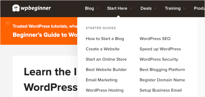 WPBeginner'ın Buradan Başlayın menüsü WPBeginner'ın Buradan Başlayın menüsü