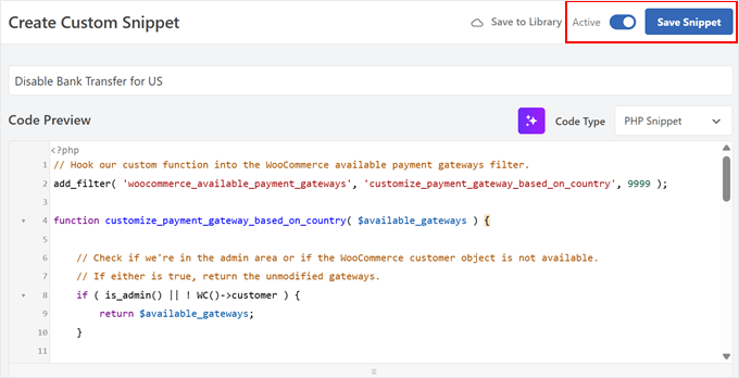 Désactivation des méthodes de paiement par pays avec WPCode