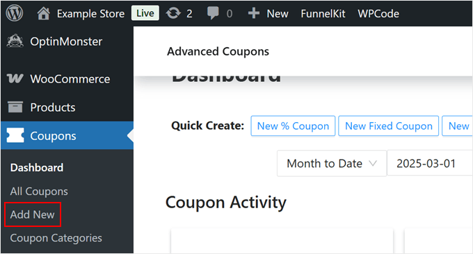 Adding a new coupon in Advanced Coupons