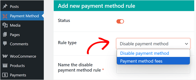 Configuration de la règle pour désactiver les méthodes de paiement dans WooCommerce