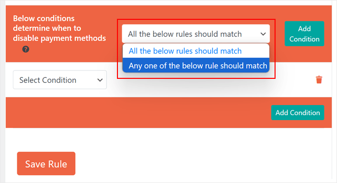 Choisir une règle pour les conditions de désactivation des méthodes de paiement dans WooCommerce