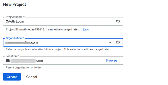 Dodaj nazwę projektu, organizację i lokalizację