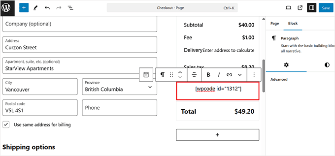 Ödeme bloğu içine kısa kod ekleyin