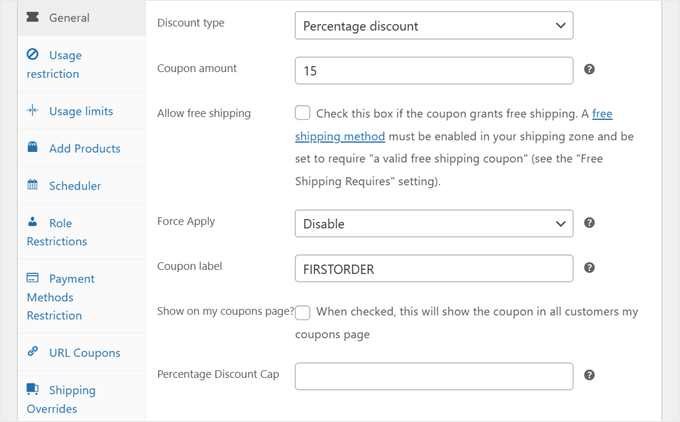 Filling out the coupon code details in Advanced Coupons
