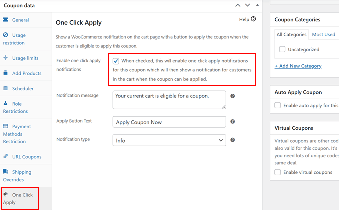 Enabling the one-click apply feature in Advanced Coupons