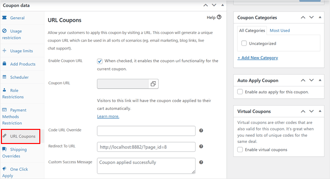 Advanced Coupons' Coupon URL settings