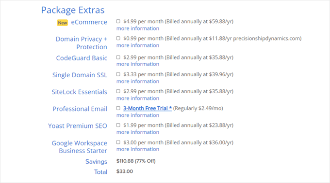 Adding Bluehost package extras when setting up your Q&A site