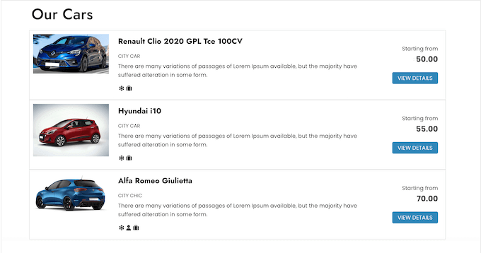 無料のWordPressプラグインを使用して作成されたレンタカーシステムの例