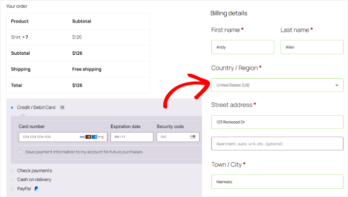 Exemple de désactivation de la méthode de paiement par virement bancaire pour les clients américains avec WPCode