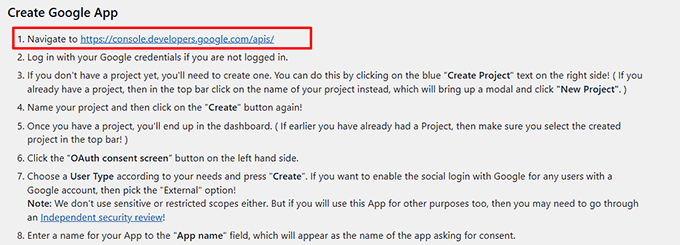 Kliknij link Google Console