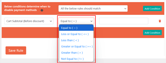 Choisir une équation pour la condition de désactivation des méthodes de paiement dans WooCommerce