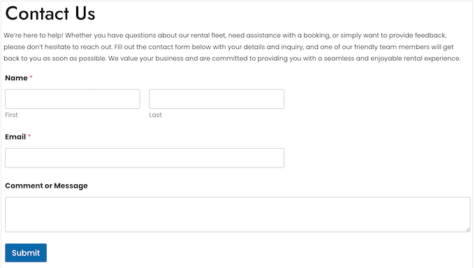 WPFormsを使用してレンタカーウェブサイトに問い合わせフォームを追加する