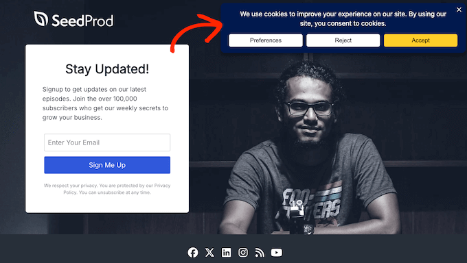 WPConsent Review: An example of a cookie consent banner on a WordPress blog or website