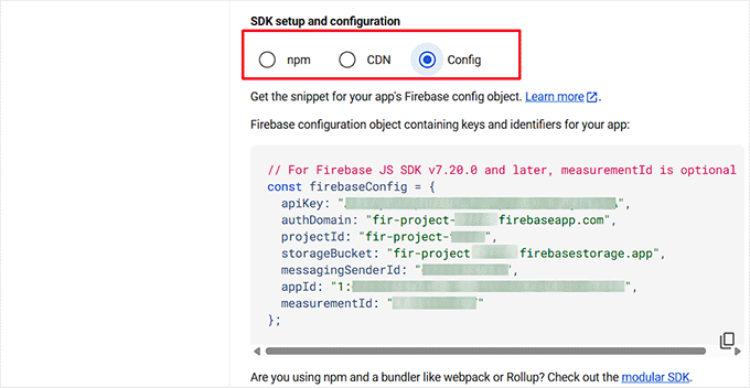 Copy the Firebase SDK config Copy the Firebase SDK config