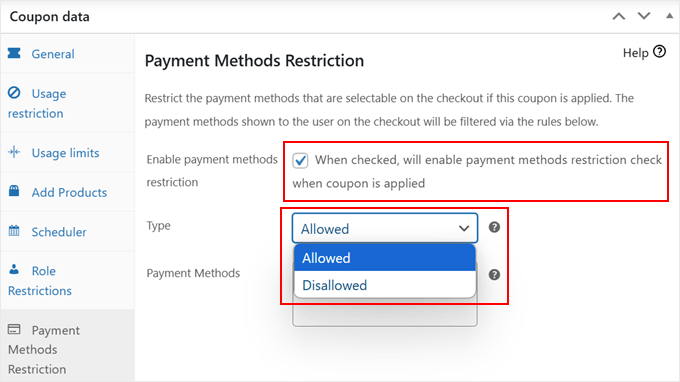 Configuration du paramètre de restriction des méthodes de paiement dans Advanced Coupons