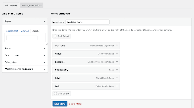 Creating a navigation menu for your wedding website