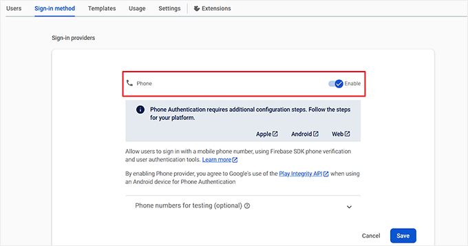 Enable the phone option in Firebase Enable the phone option in Firebase