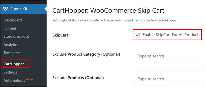 Aktivera SkipCart i FunnelKit för WooCommerce