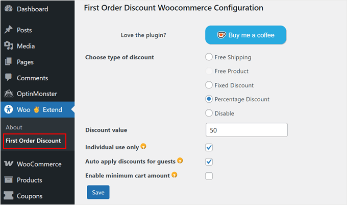 Configuring the First Order Discount plugin