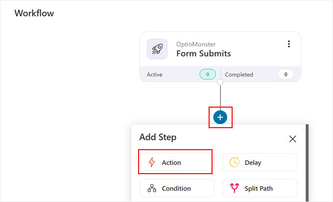 Choosing an action to continue the FunnelKit automation workflow