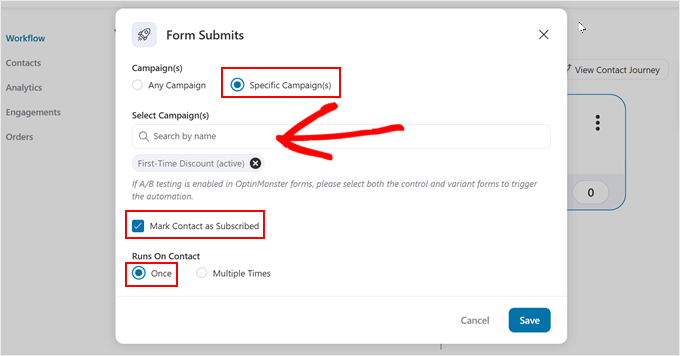 Choosing which OptinMonster form to trigger the FunnelKit automation workflow