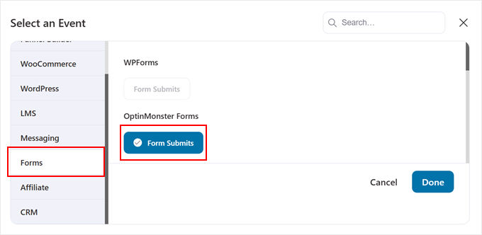 Choosing to add an OptinMonster form submission as a FunnelKit automation trigger