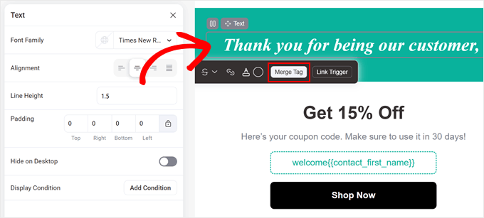 Adding a merge tag to a text block in Visual Builder