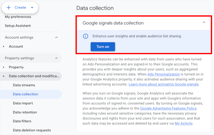 Colectarea datelor Google Signals dezactivată
