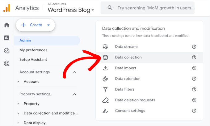 Secțiunea Colectarea datelor în GA4