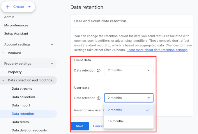 Configurarea perioadei de retenție în GA4