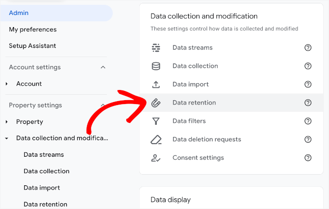 Meniu de retenție a datelor în GA4
